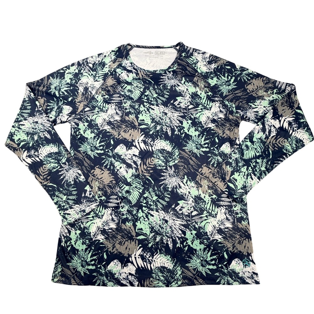 Reel Life Sun Shirt Women XL Blue Tropical Palm Print UUV03-7108-410 Long Sleeve